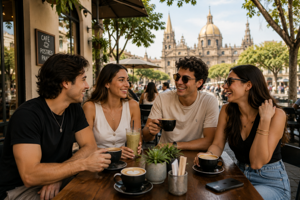Grupo de jóvenes adultos conversando en una cafetería de Guadalajara mientras conocen nuevas amistades y comparten experiencias.