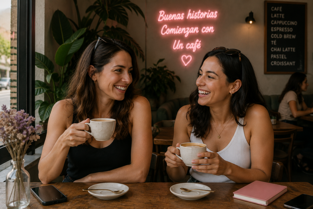 Dos mujeres de entre 30 y 35 años conversando en una cafetería de Guadalajara mientras comparten experiencias y conocen nuevas amistades.