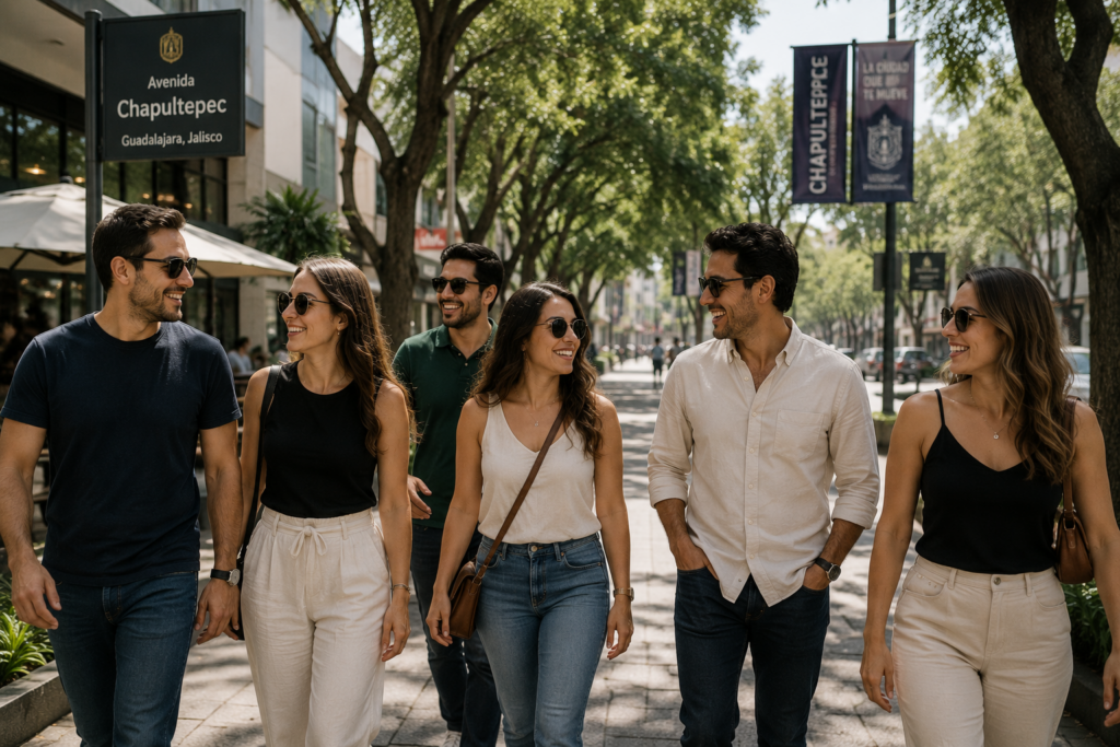 Grupo de hombres y mujeres caminando por Avenida Chapultepec en Guadalajara mientras conviven y crean nuevas amistades.