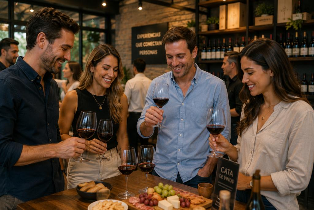 Grupo de hombres y mujeres haciendo nuevas amistades en Guadalajara durante una cata de vinos organizada por AmigosCasuales.